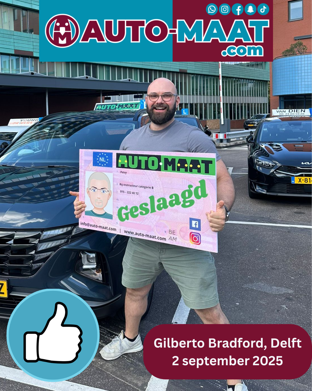 Gilberto Bradford geslaagd bij Auto-Maat Rijschool