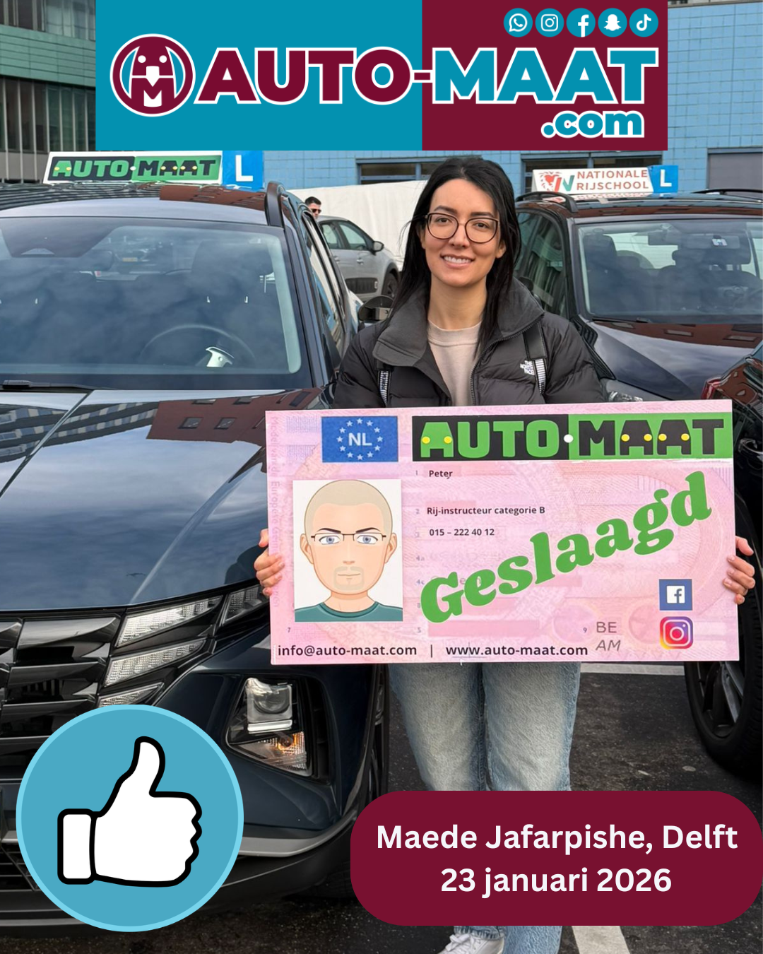 Maede Jafarpishe geslaagd bij Auto-Maat Rijschool